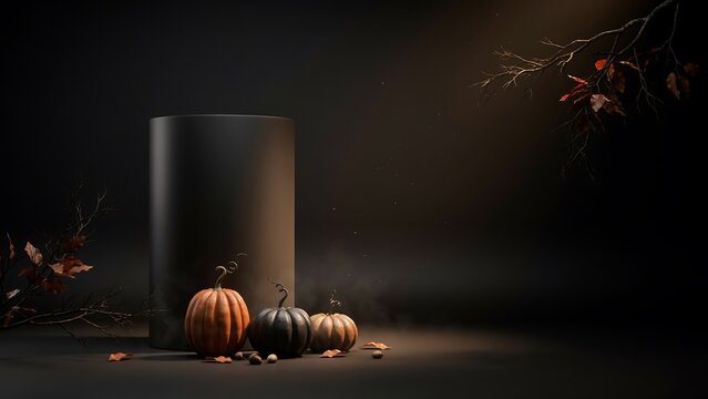 Minimalist autumn product display with a black cylinder pedestal, small pumpkins, and dry branches on a dark moody background.