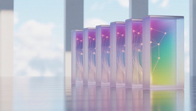 Glowing server rack in clean server room, suggesting cloud computing, data storage, and secure digital infrastructure.