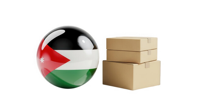 Jordan flag ball with cardboard delivery boxes for international shipping isolated on transparent background