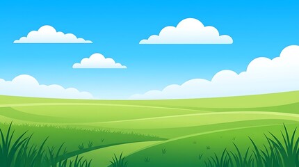 Fototapeta premium Green Meadow Landscape Illustration with Rolling Hills and Blue Sky for Web Banner Presentation Game Background Art Scene
