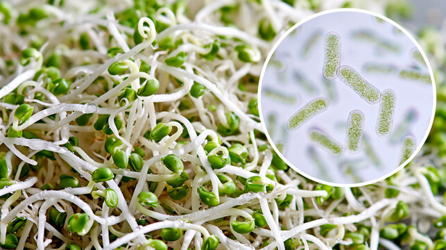 Close-up of fresh raw sprouts with magnified rod-shaped bacteria, visualizing potential pathogen contamination and food safety concerns in ready-to-eat produce
