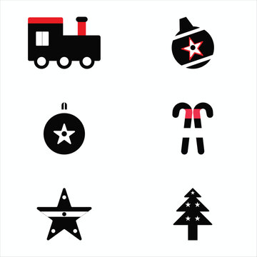 Christmas holiday vector icon set with train bauble candy cane and tree