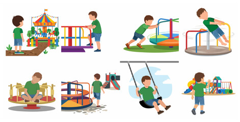Fototapeta premium Set of flat vector illustrations of a little boy playing on a playground, including a merry-go-round, swings, and carousel in an amusement park