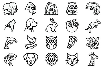 Naklejka premium Wild Animal And Pet Icons Set Minimalist Black Outline Vector Illustration For Logo And Web Design