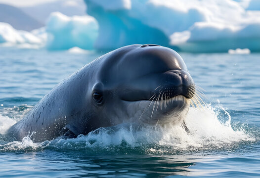 Arctic wildlife and marine conservation, beluga whale surfacing in cold ocean water with icebergs in the background