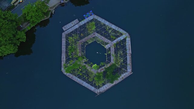 Slow orbit drone frame highlighting the diagonal fish pond shape at Sampaloc Lake in San Pablo City, Laguna, Philippines.