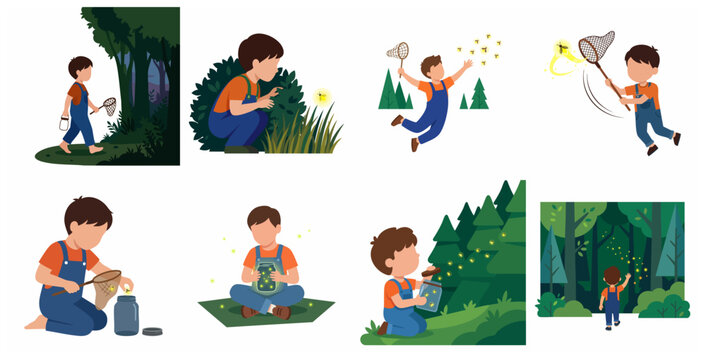 Set of Cute Illustrations Showing a Young Boy Catching and Releasing Fireflies in the Night Forest