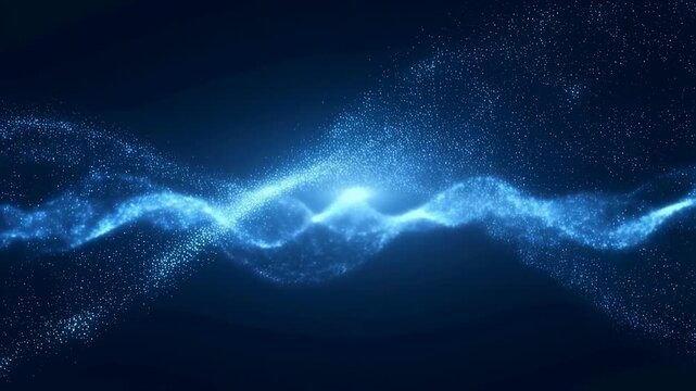 Glowing blue particles flow and swirl in wave patterns across a dark digital space background. Smooth animated scene for media, visual effects and digital presentations.