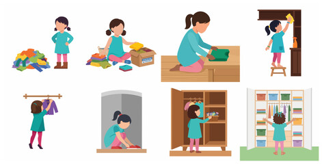 Fototapeta premium Little girl character doing housework chores set, child organizing clothes, folding laundry, cleaning furniture and decluttering wardrobe flat vector illustration