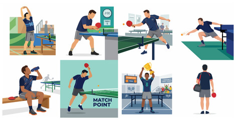 Fototapeta premium Collection of Table Tennis Player Vector Illustrations, Ping Pong Athlete Performance Actions including Serving, Smashing, and Holding Championship Trophy