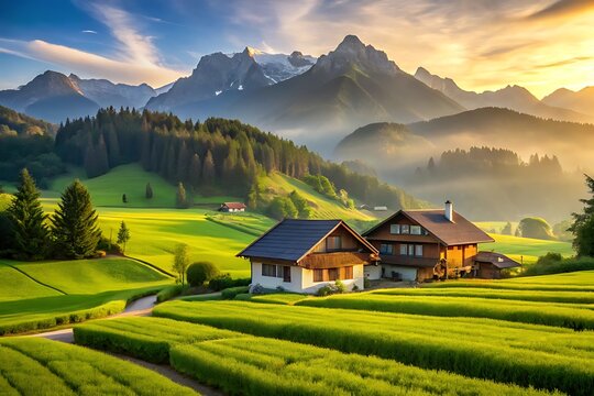 Beautiful Swiss landscape with traditional wooden chalets surrounded by green meadows and high mountains during sunset