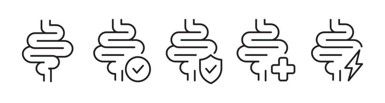 Intestine Health Icon Set. Gut Wellness, Digestive System, Healthy Digestion and Medical Care Editable Stroke Outline Vector Collection.