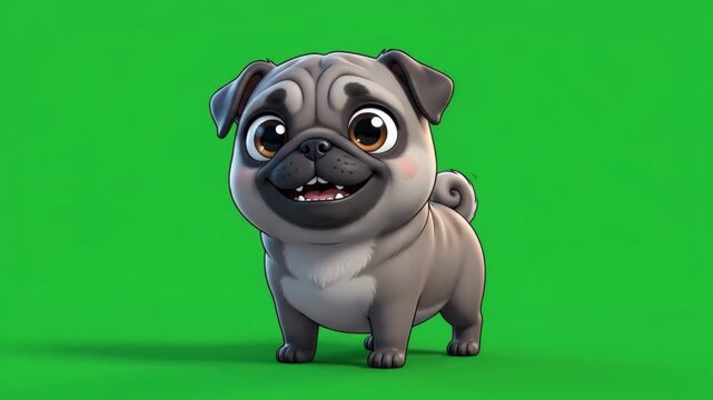 Adorable cartoon pug puppy with big eyes and a happy smile standing on a green screen background, looking cute and playful.