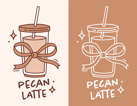 Pecan latte label iced coffee cup drawing logo for nut butter cream crunch syrup flavor sticker packaging design. Cafe cold foam oatmilk to go drink brown aesthetic printable line art poster print.