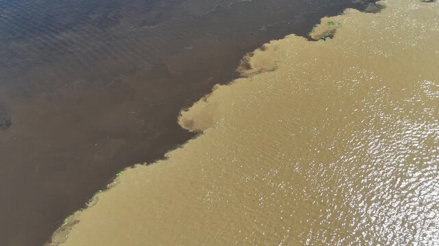 Cinematic aerial perspective over the Encontro das Aguas, highlighting the sharp contrast of the merging Amazonian rivers.