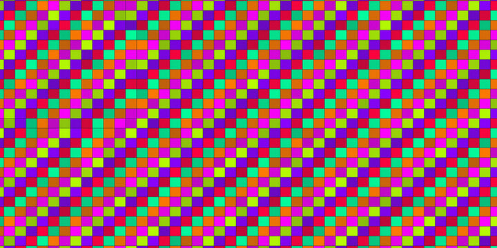 Diagonal neon grid pattern with bright green magenta purple squares.
