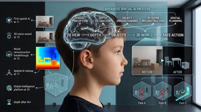 Spatial AI and brain computer interface concept. Young boy profile with digital brain overlay showing depth estimation and 3D scene reconstruction data