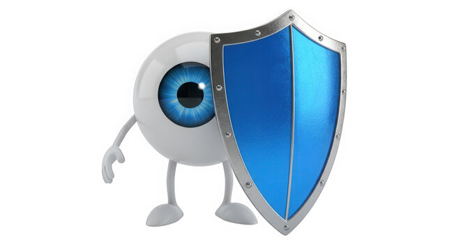 Cartoon eye character holding a blue shield for protection concept isolated on transparent background
