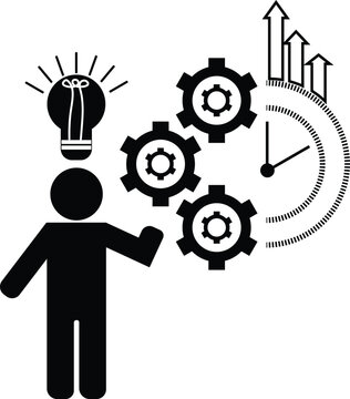 A conceptual illustration featuring a human silhouette with lightbulb idea gears and clock symbols representing business innovation and productivity