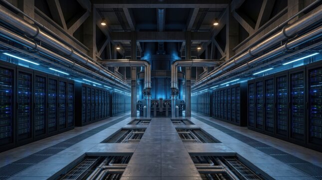Futuristic high-tech data center with illuminated server racks showcasing advanced infrastructure and digital energy