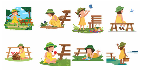 Fototapeta premium Cute Little Girl Character Set Enjoying Picnic and Outdoor Activities in Nature, Flat Vector Illustration
