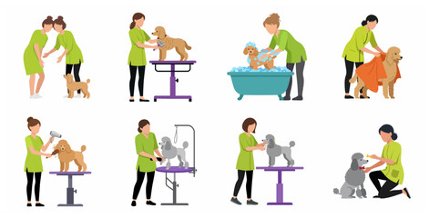 Fototapeta premium Set of Dog Grooming Service Illustrations with Professional Female Groomers Washing, Brushing, and Styling Poodles