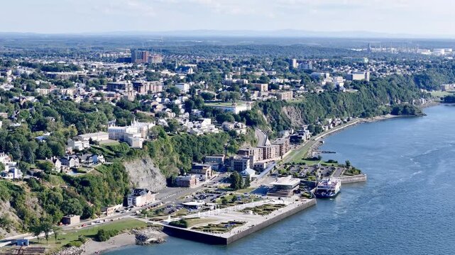 Aerial view of Quai Paquet waterfront, ferry terminal and Saint Lawrence River in Levis, Quebec, Canada. g.