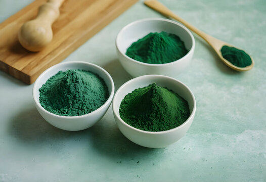 Superfood spirulina and chlorella powder for healthy nutrition detox and wellness green dietary supplements in bowls