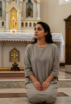 Spiritual reflection and religious devotion, young woman kneeling in prayer inside a church with an altar in the background