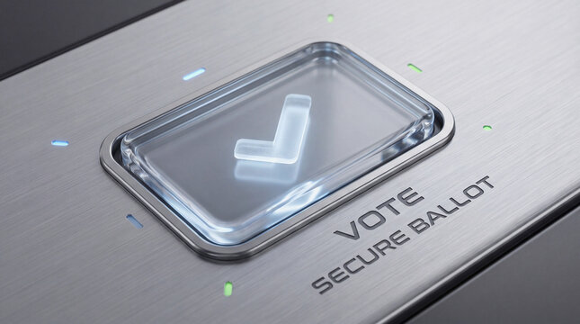 Secure vote button with check mark symbol on metallic surface close up