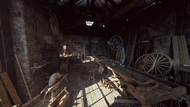 dusty vintage workshop bathed in sunlight, abandoned wheelwright shop with wooden wagon wheels leaning against brick walls, stacked planks and bench scattered