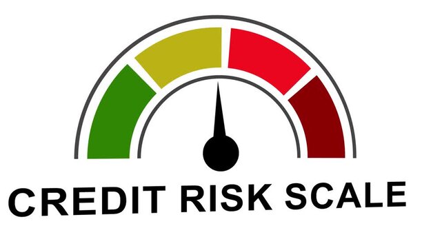 Dynamic credit risk scale meter animation with moving needle indicator representing financial health evaluation and loan default assessment metrics for banking and investment presentation