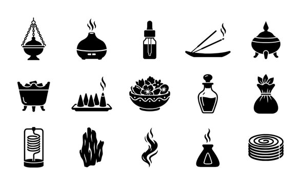 Aromatherapy and Wellness Icons: Essential Oil Diffusers, Incense, Herbs, and Spa Elements, Black and White Vector Set