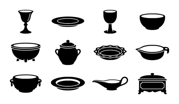 Elegant Black Silhouette Vector Icons of Vintage Tableware, Serving Dishes, and Goblets for Culinary and Hospitality Design Elements