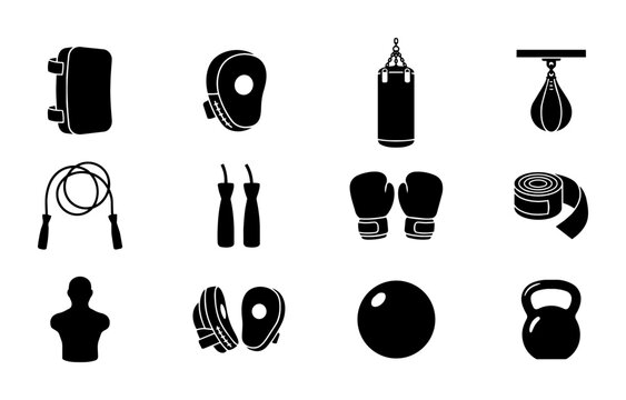 Boxing and Fitness Equipment Icons Set, Punching Bag, Gloves, Jump Rope, Kettlebell, Training Gear Collection, Vector Graphics