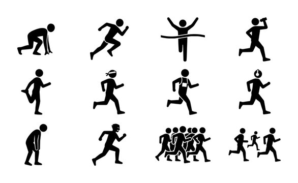 Running Icons Set, Athletic Figures in Motion, Sprinting and Marathon Silhouettes, Sports Competition Vector Graphics