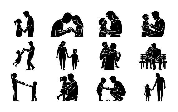 Family Love Silhouettes, Father and Child Bonding Moments, Parent-Daughter and Parent-Son Interactions, Warm Embrace Vector Icons
