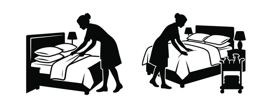 Silhouette of a hotel maid cleaning and making a bed in a room Vector