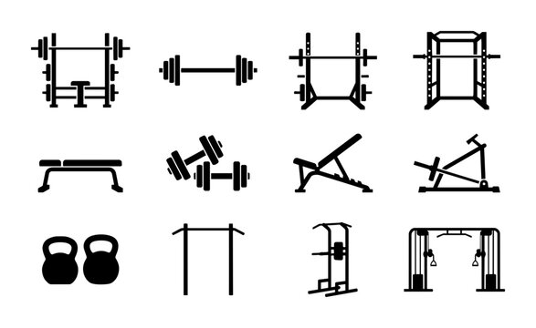 Gym Equipment Icons, Fitness Machine Vector Set, Weightlifting Gear Graphics, Strength Training Tools Collection