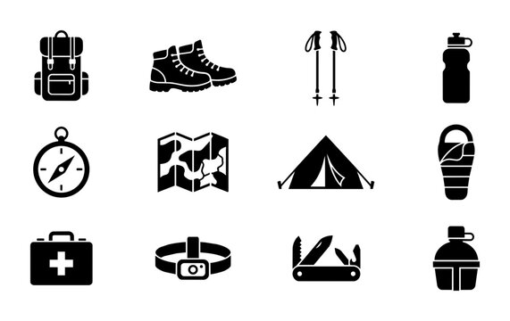 Outdoor Adventure Icons: Backpack, Boots, Tent, Map, Compass, Poles, Sleeping Bag, First Aid Kit, Headlamp, Multi-tool, Water Bottles for Camping, Hiking, Trekking