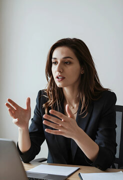 Business communication and corporate meeting, young woman explaining ideas with hand gestures during a video call