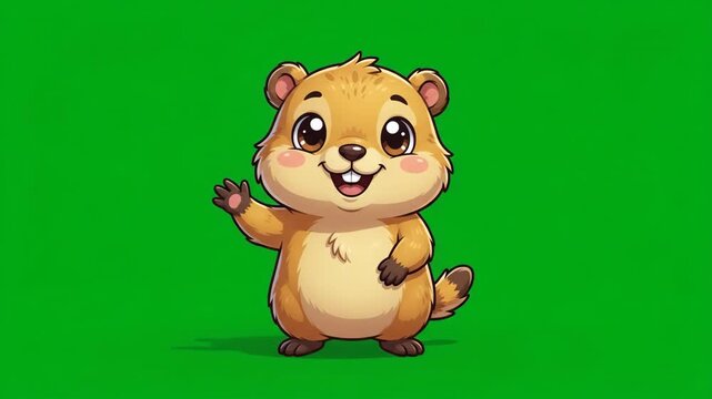 Cute cartoon groundhog waving hello on a vibrant green screen background, perfect for animated projects and children's content.