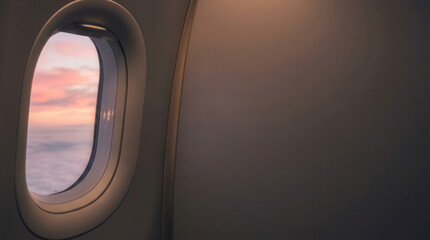 Fototapeta premium Airplane window showing a vibrant sunset sky during a flight for travel imagery and editorial adventure headers.