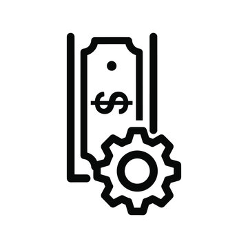 Blac k outline ic on of a dollar bill and a gear c og representing financ ial management and business proc ess optimization