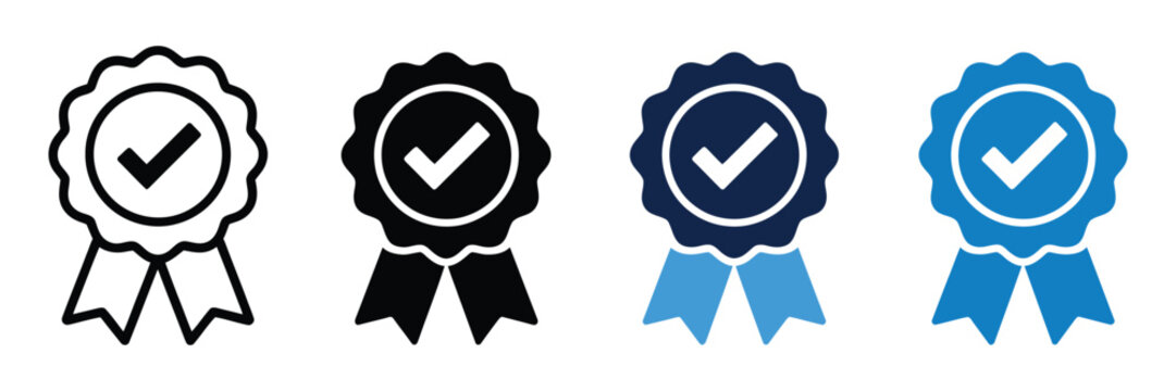 Quality Badge Icon Set, Check Mark, Award Ribbon, Certified Medal, Flat and Outline Design