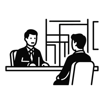 Two business men sitting at a desk having a professional meeting in an offic e setting blac k and white line art ic on