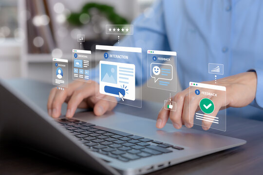 Digital customer journey from discovery and browsing to interaction, feedback and satisfaction, representing user experience, engagement, conversion and customer experience management.
