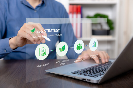 ESG strategy concept with sustainability assessment, environmental action, social responsibility and sustainable growth for corporate reporting, responsible business and long-term development.
