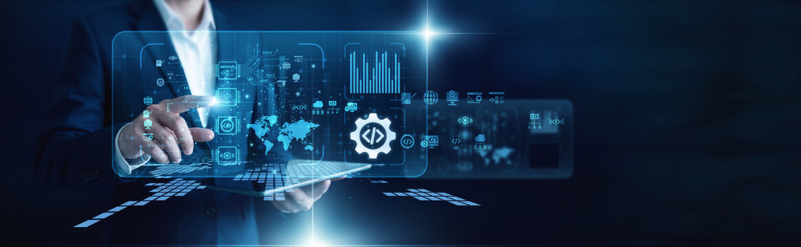 Senior developer pro. Programmer hand touch app working on tablet, writing clean code and testing. Creating powerful solutions through expert software development practices.