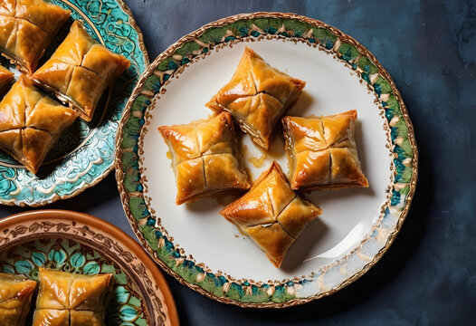 Middle eastern dessert baklava, traditional sweet pastry with syrup, gourmet food and cultural cuisine on decorative plates